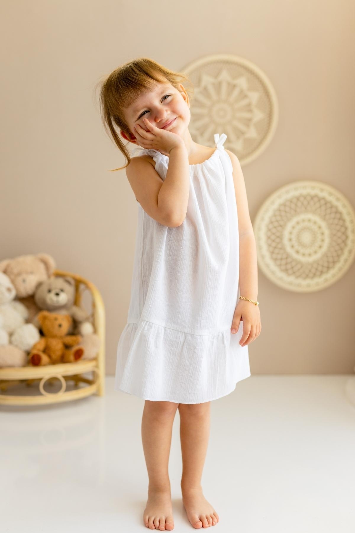 Şile Bezi Kız Çocuk Beyaz Yumy Müslin Askılı Elbise