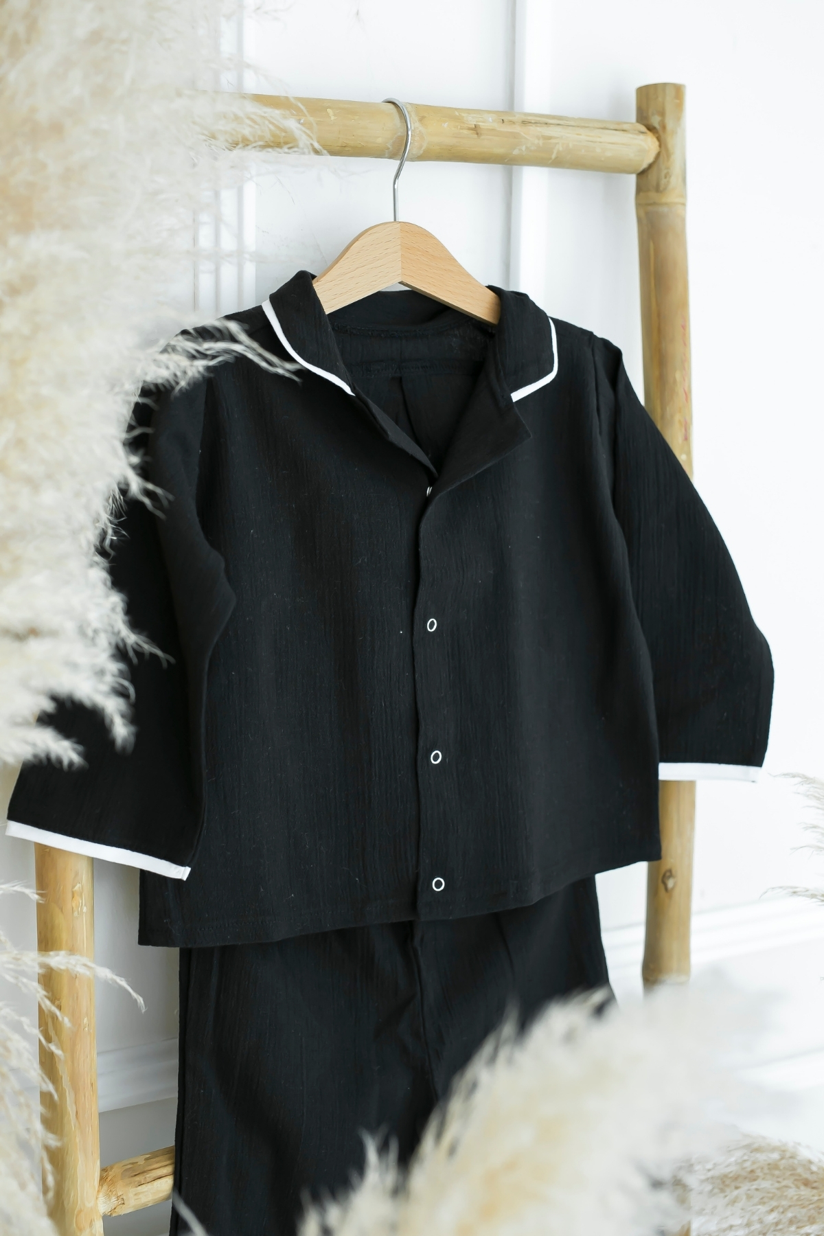 Şile Bezi Çocuk Siyah Biyeli Müslin Pijama Takımı