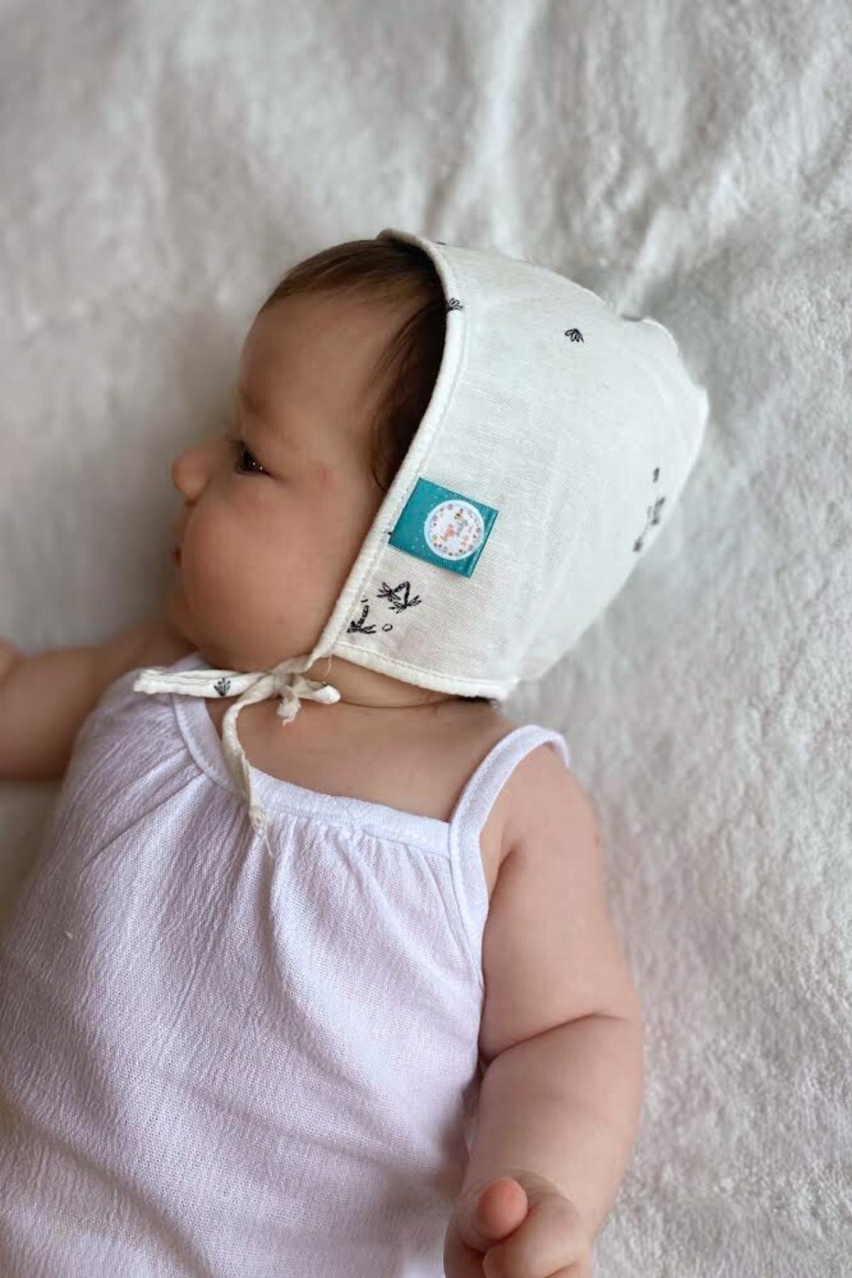 Keten Palmiye Desenli Bebek Bonnet Şapka
